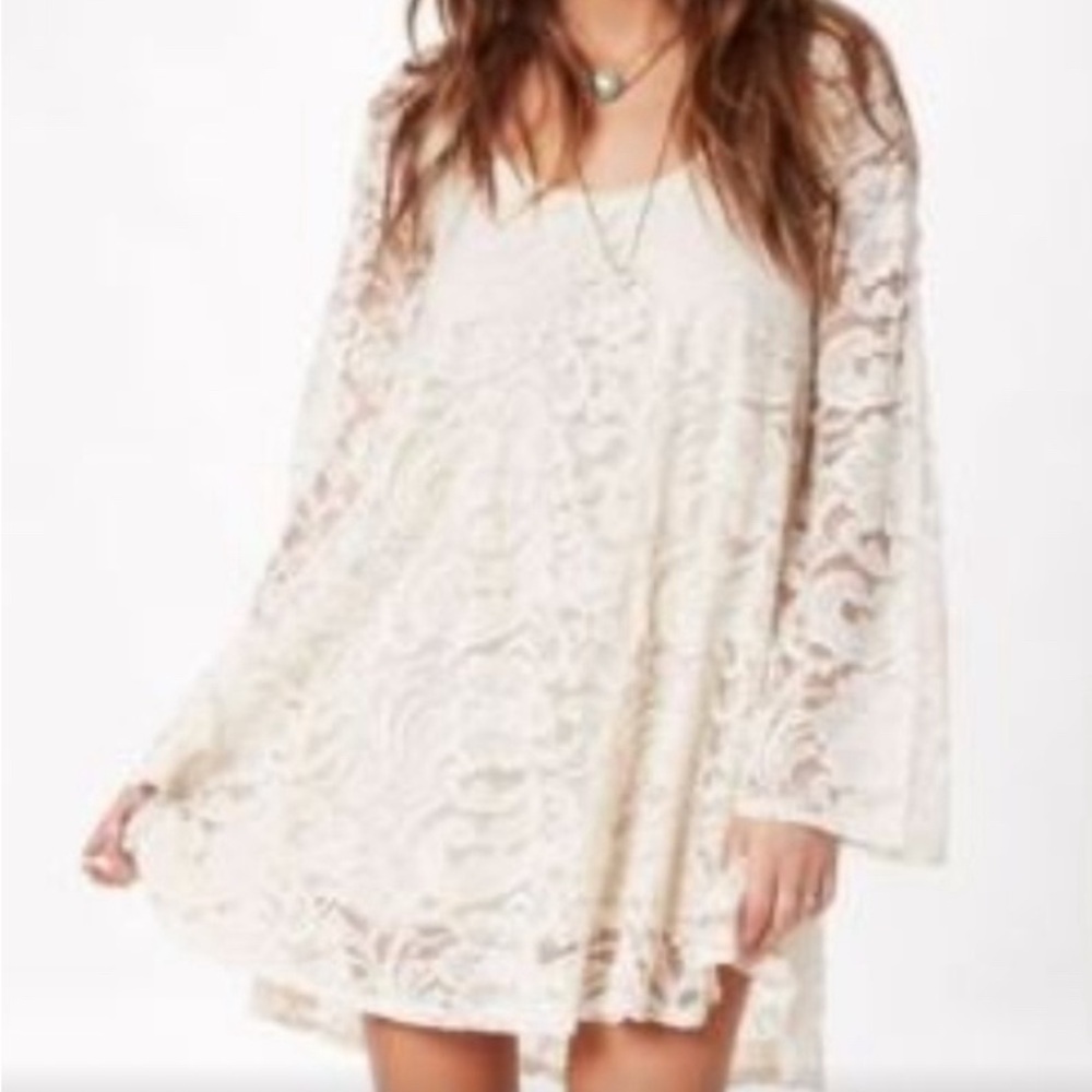 Show Me Your MuMu Cream Bell Sleeve Lace Crochet Mini Dress